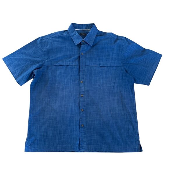 Arrow Mens Lg Blue Short Sleeve Button Up Shirt Cotton Blend Double Frnt Pockets - Picture 1 of 9